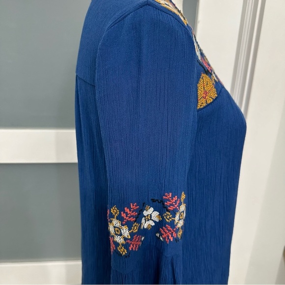 Blue Rain Crinkly Rayon Blend Dress Long Sleeves Embroidered Blue SZ Small Boho - Picture 5 of 9